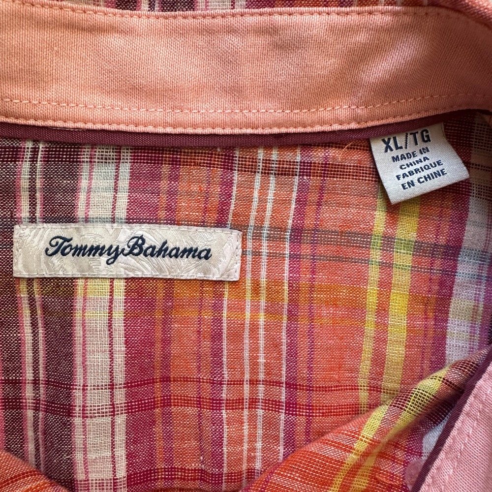 Tommy Bahama Linen Blend Plaid Long Sleeve Button Up Shirt Mens XL Coral Preppy - Picture 3 of 10